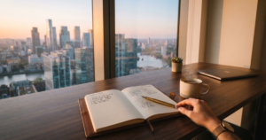 Open planner beside a window overlooking a modern city skyline at sunrise