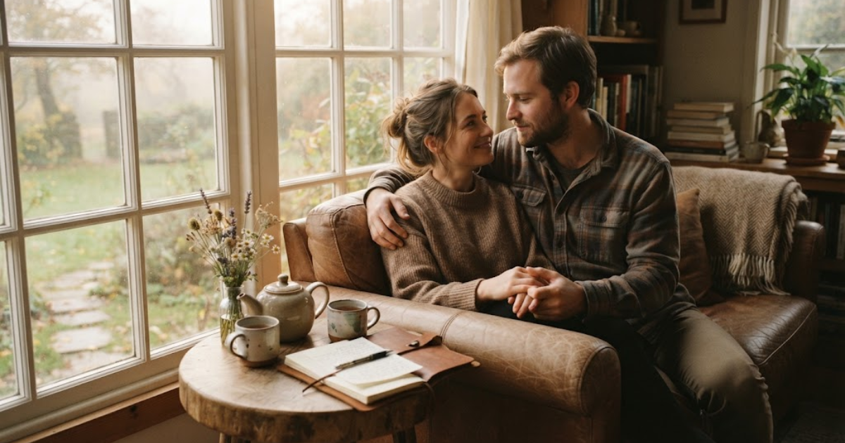Couple sharing a quiet romantic moment at home surrounded by warm evening light