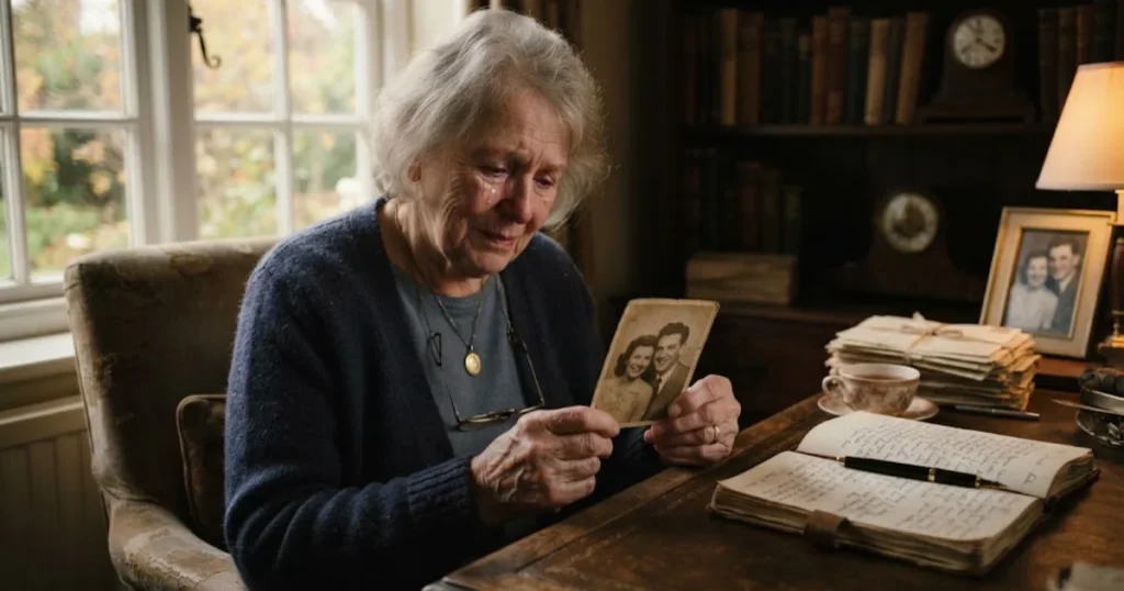 Person looking at an old photograph while reflecting on lost love