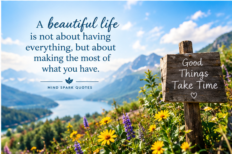 Beautiful life quote about finding beauty in simple everyday moments with coffee and mountain scenery