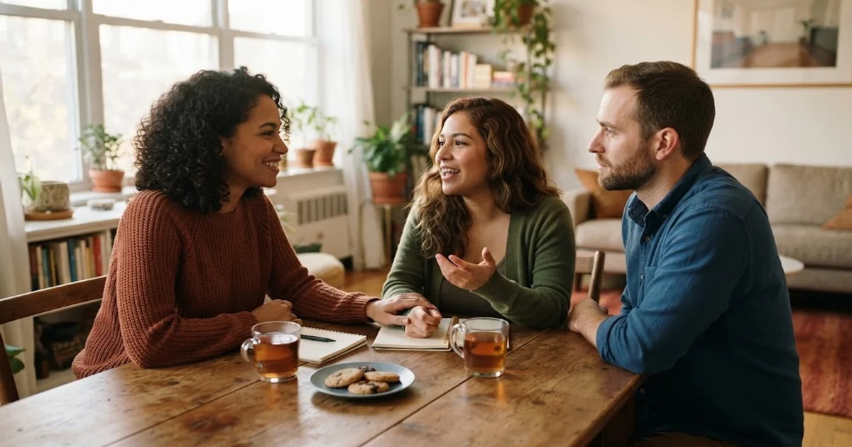Two people having an open conversation at a table