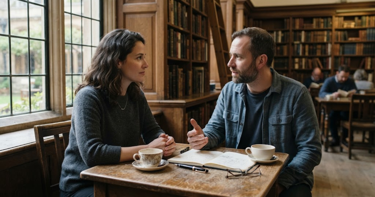 Two people having a meaningful conversation in a quiet library