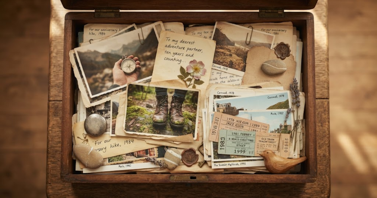 Old family photographs and handwritten memories arranged in a wooden box