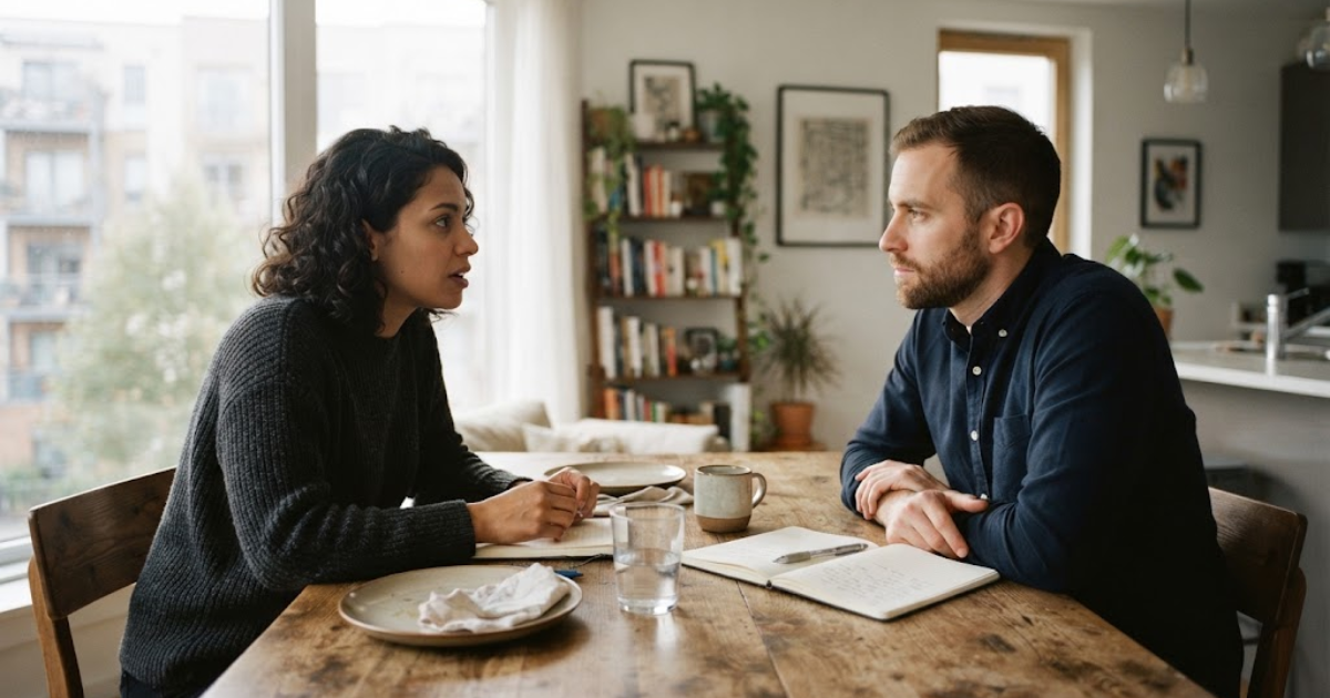 Two people listening to each other during a quiet conversation at home
