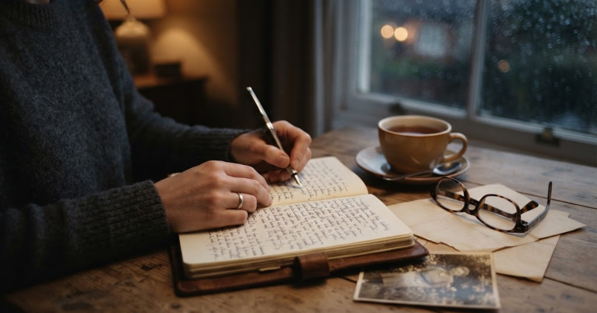 Person writing personal thoughts in a journal beside a softly lit window