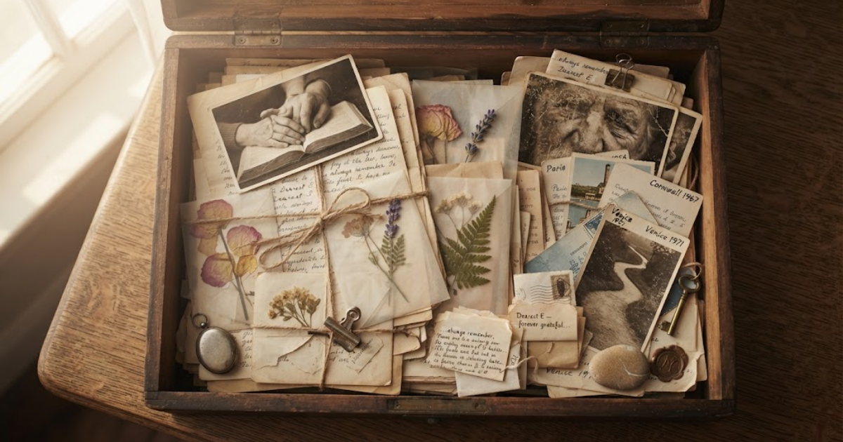 Old handwritten love letters and photographs stored in a wooden box
