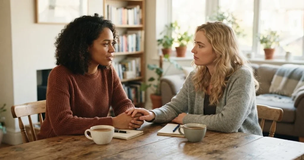Two people having a serious but respectful conversation in a quiet room