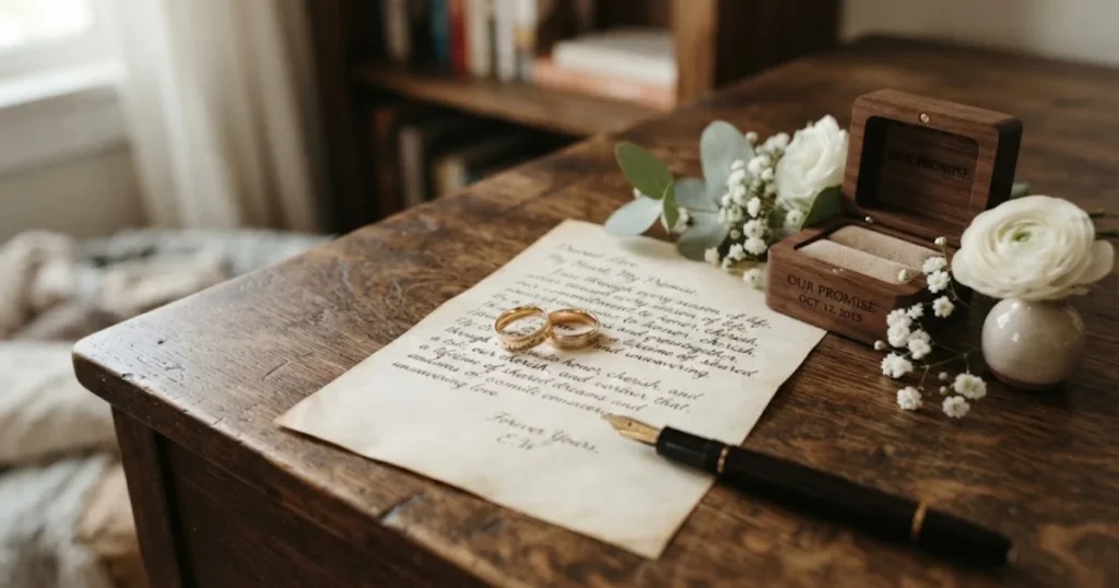 Wedding rings beside a handwritten promise on a wooden desk
