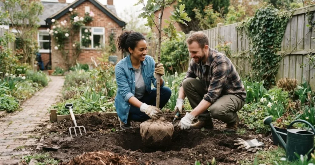 Two people planting a young tree together in a backyard garden
