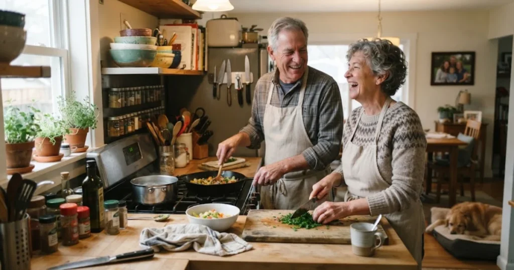 Older couple cooking dinner together in a warm home kitchen
