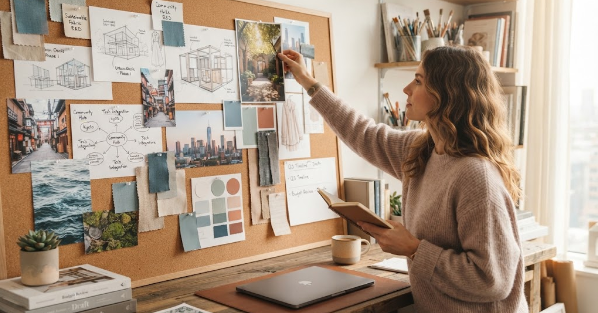 Young creative person sketching ideas on a large board surrounded by notes and future quotes plans