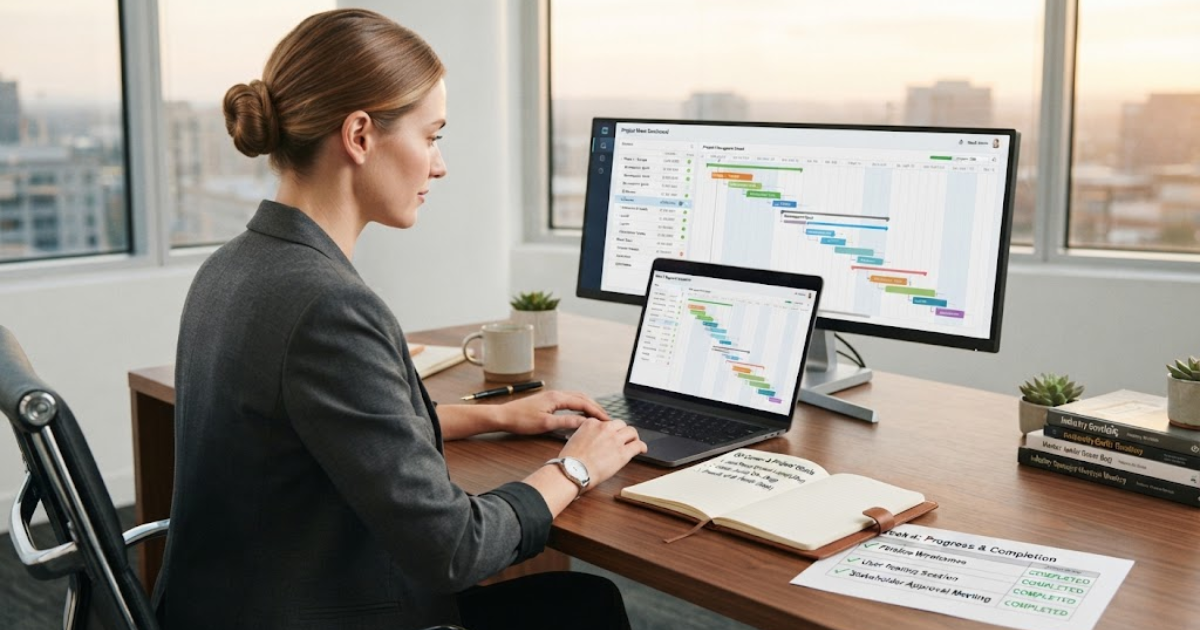 Professional reviewing a detailed goal plan on a laptop and notebook in a focused workspace
