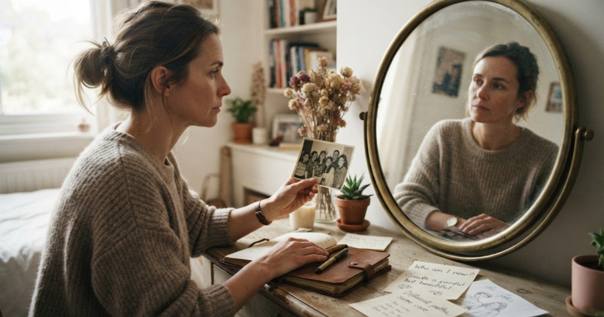  Person comparing an old photograph with their present reflection in a mirror
