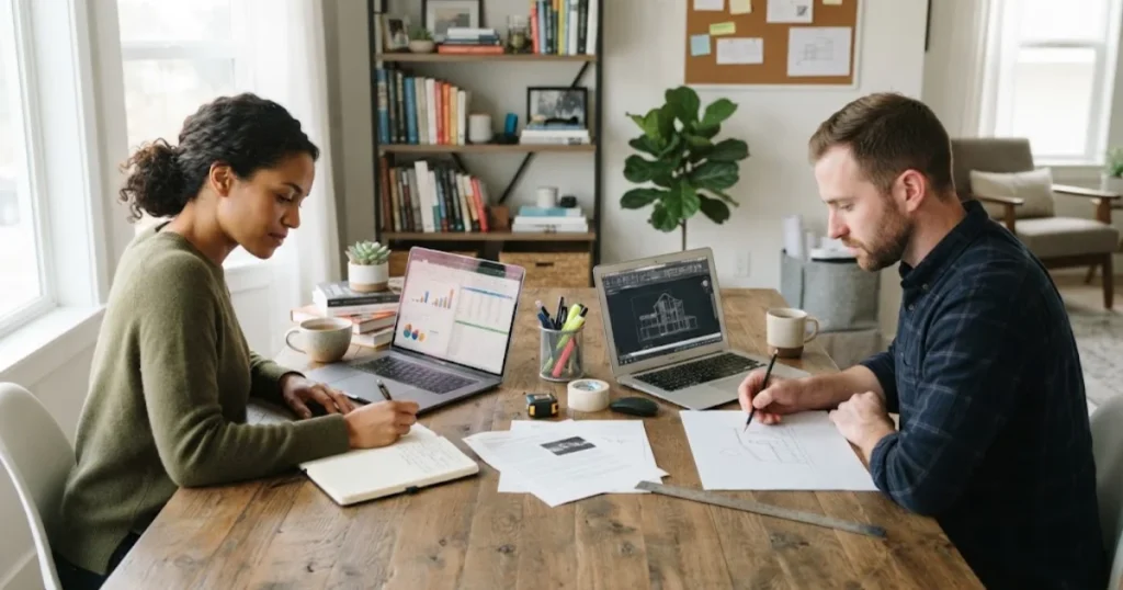 wo people working separately together at a shared home workspace