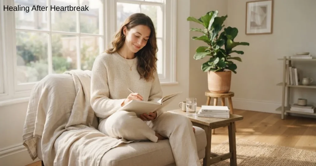Person journaling peacefully while healing from heartbreak