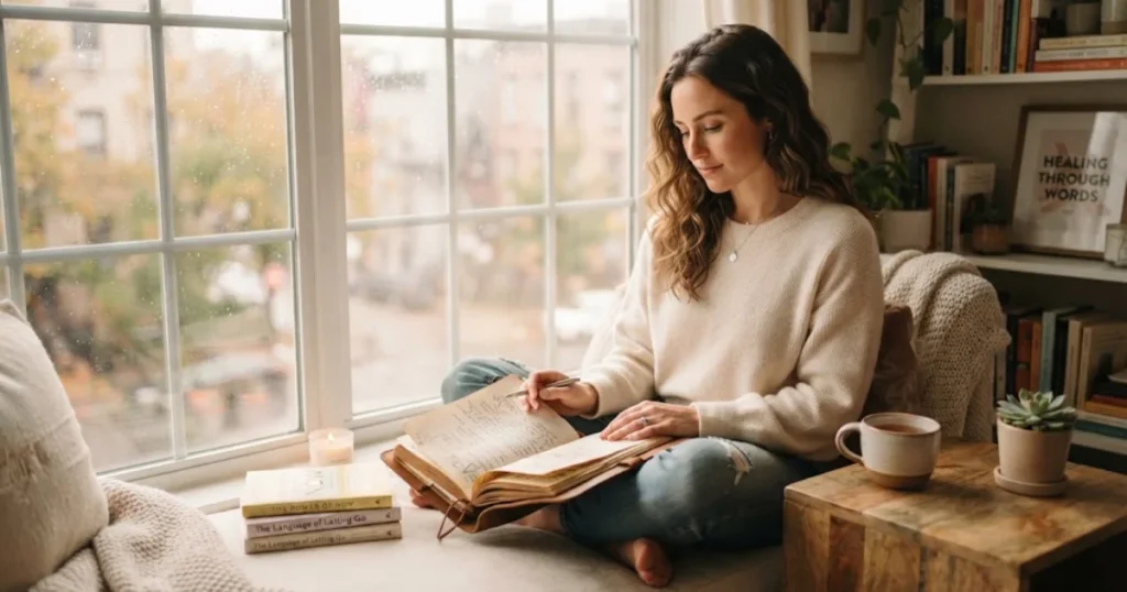 Person writing in a journal while healing from emotional pain and Healing a Broken Heart