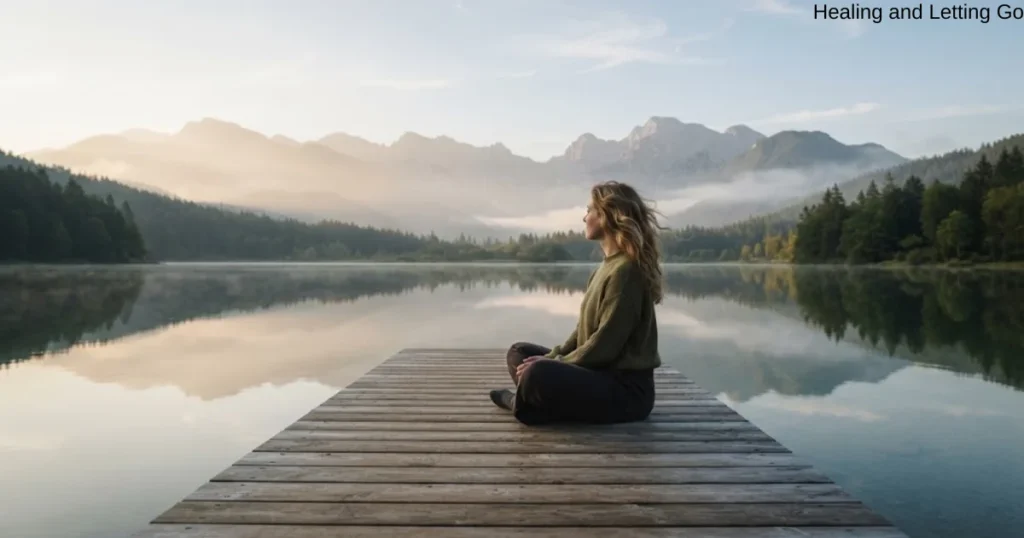 Person sitting beside a peaceful lake while healing after heartbreak