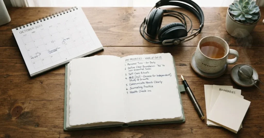 Person writing personal boundaries and priorities in a journal
