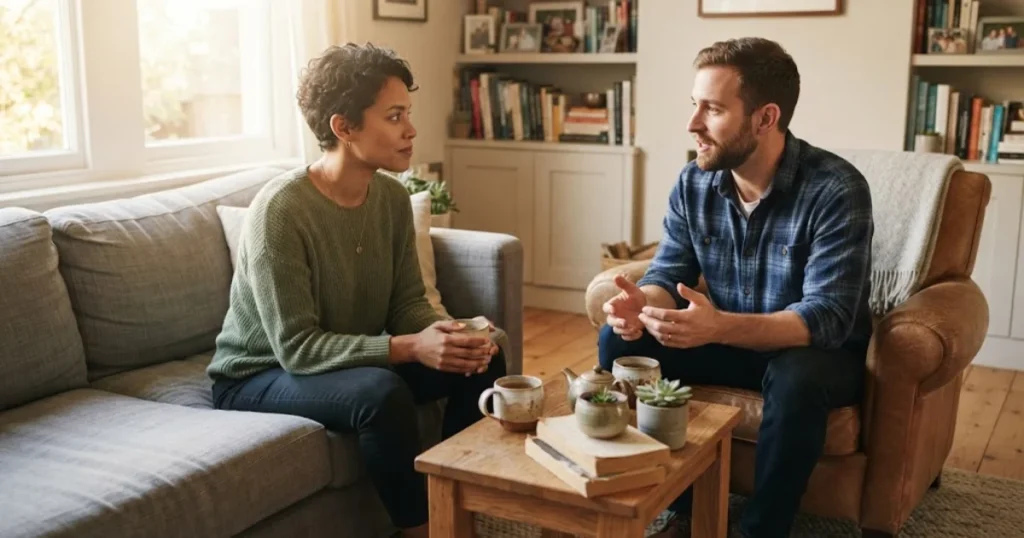 Two friends talking openly in a comfortable living room