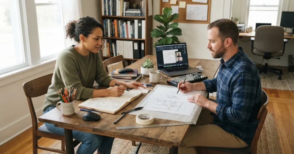 Two people working together on a shared project at home