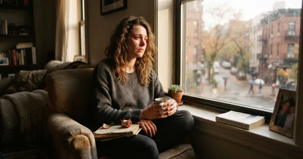 Person sitting quietly beside a window representing heartbreak and emotional reflection