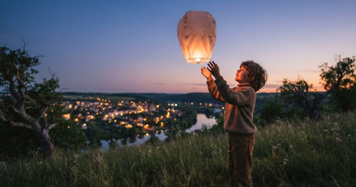  Child releasing a paper lantern into the evening sky with warm lights in the background
