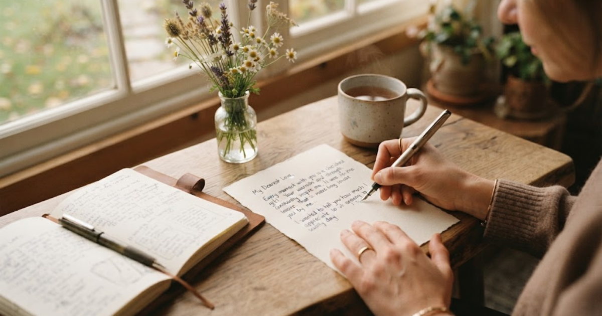 Person writing a heartfelt love quotes beside flowers and a journal