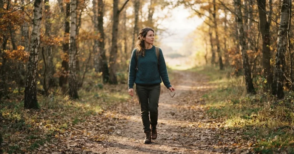 Person walking alone outdoors representing letting go and moving forward