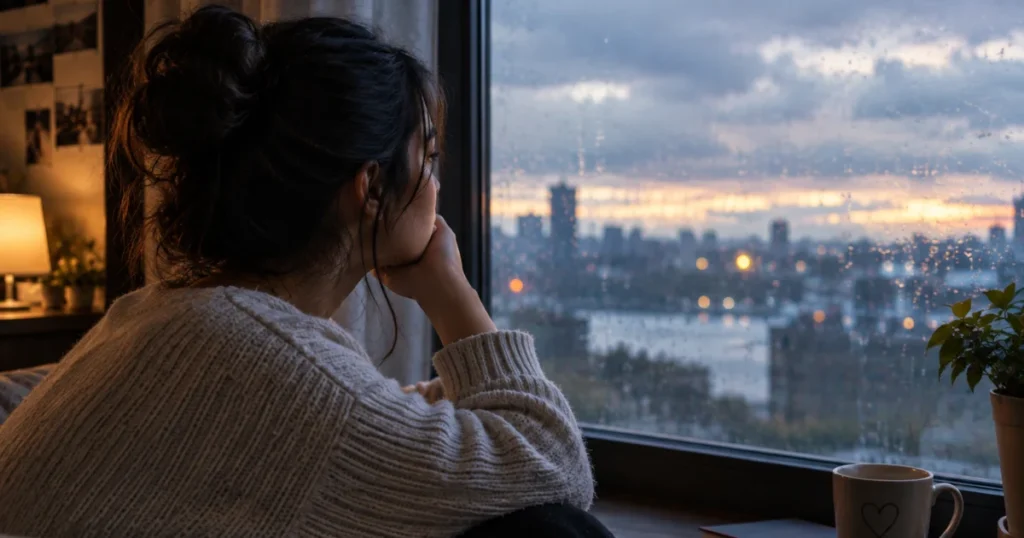 Person looking through a window while longing for someone they love