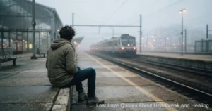 Person watching a departing train representing lost love and healing
