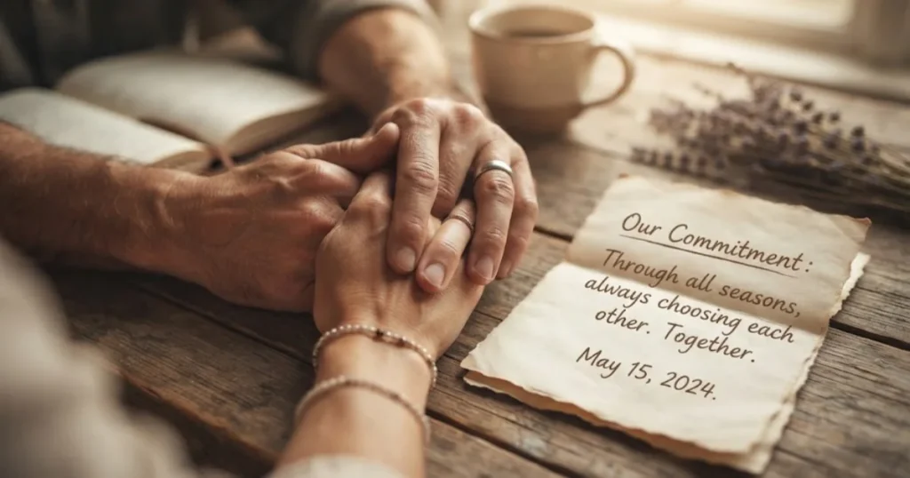 Two people holding hands beside a handwritten commitment note