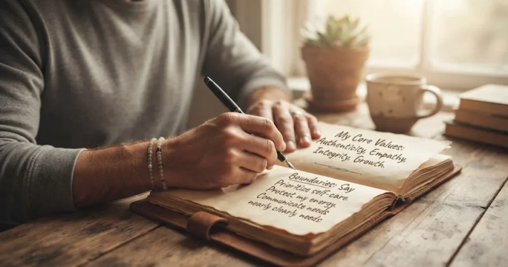 Person writing personal values and boundaries in a journal