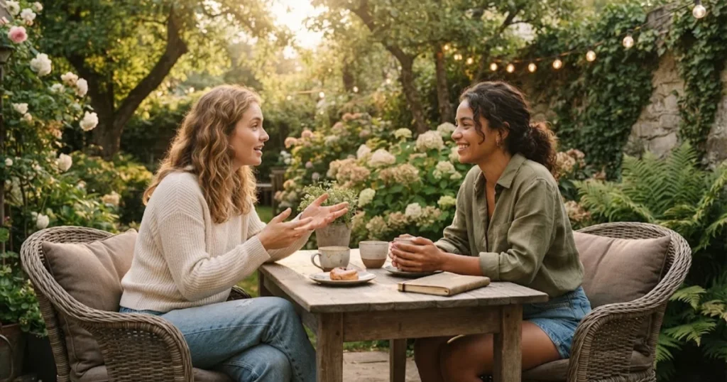 Two friends talking together in a comfortable outdoor setting