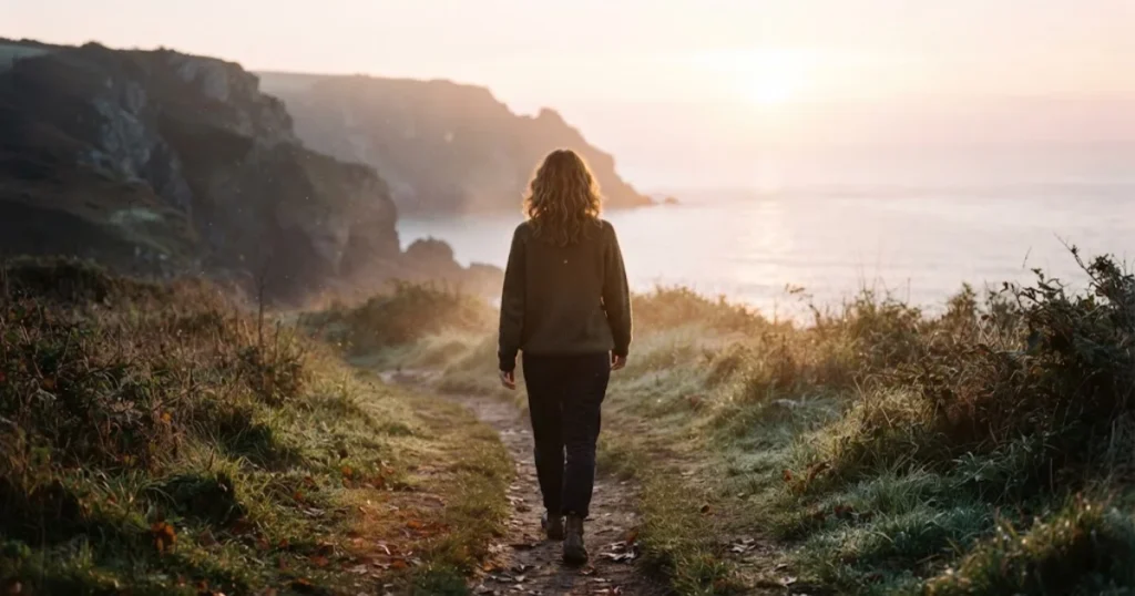 Person walking toward a sunrise representing hope after heartbreak