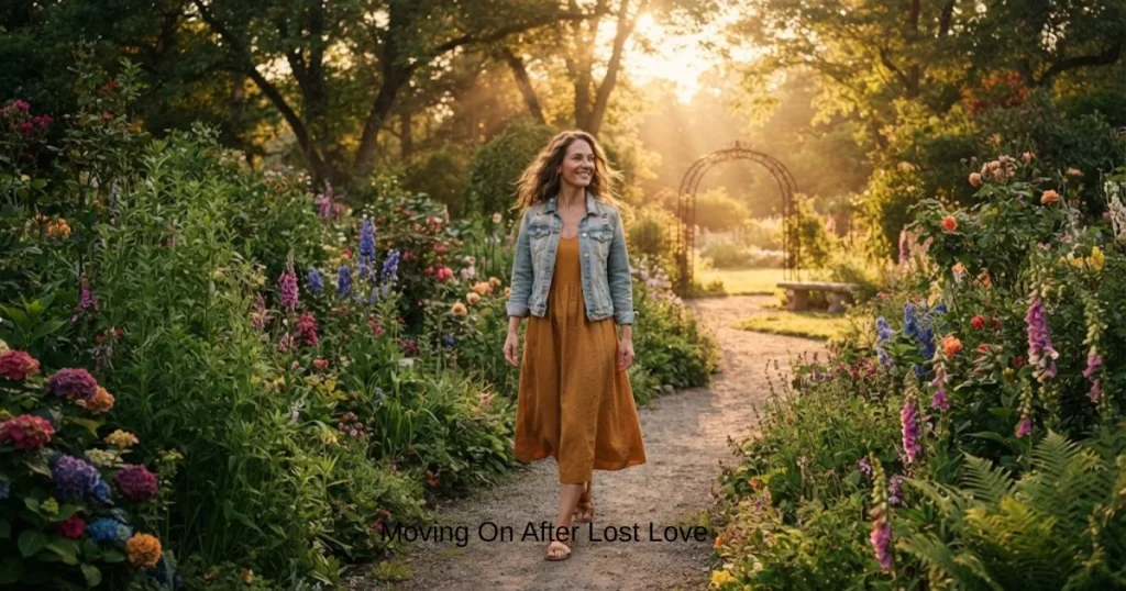 Person walking toward a sunlit garden representing a new beginning