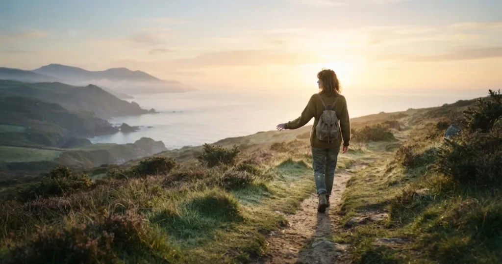 Person walking toward a sunrise representing hope after heartbreak