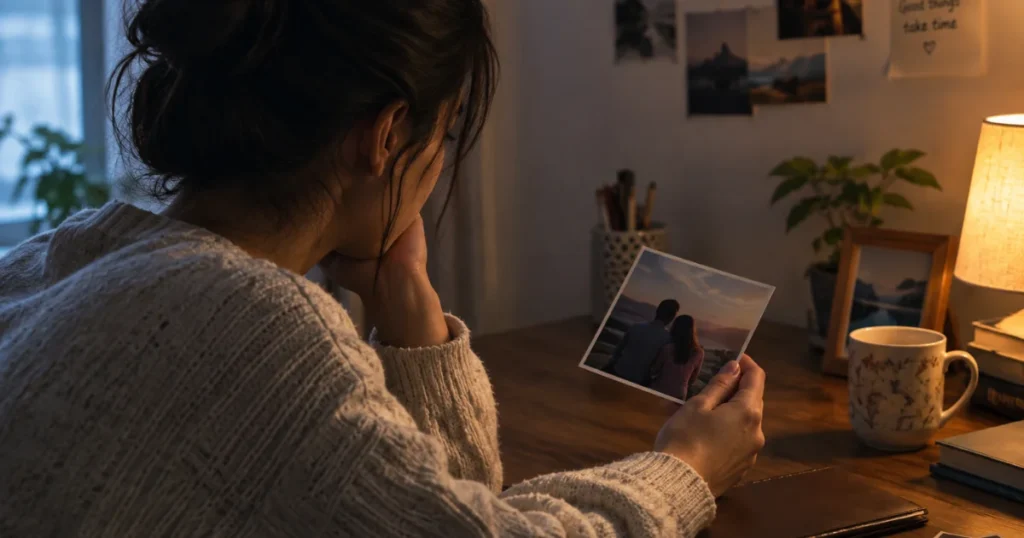 Person quietly looking at a photograph while experiencing one-sided love