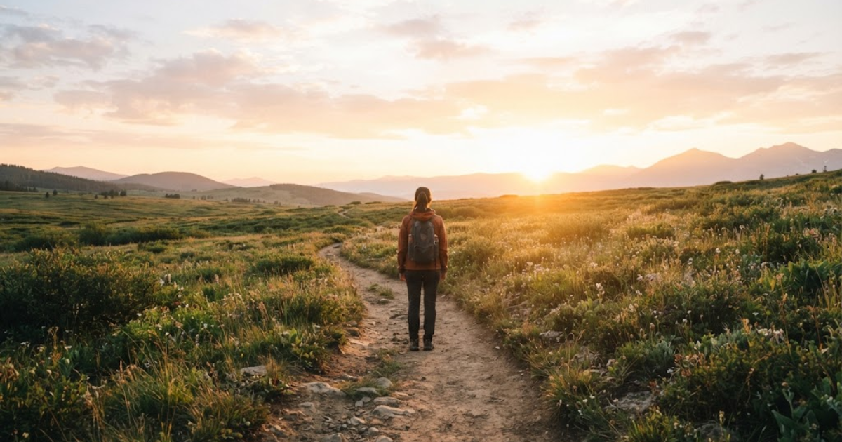 Person standing on a path toward a bright horizon symbolizing purpose and direction