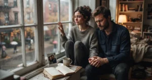 Person sitting beside a window reflecting on lost love and Sad Love Quotes