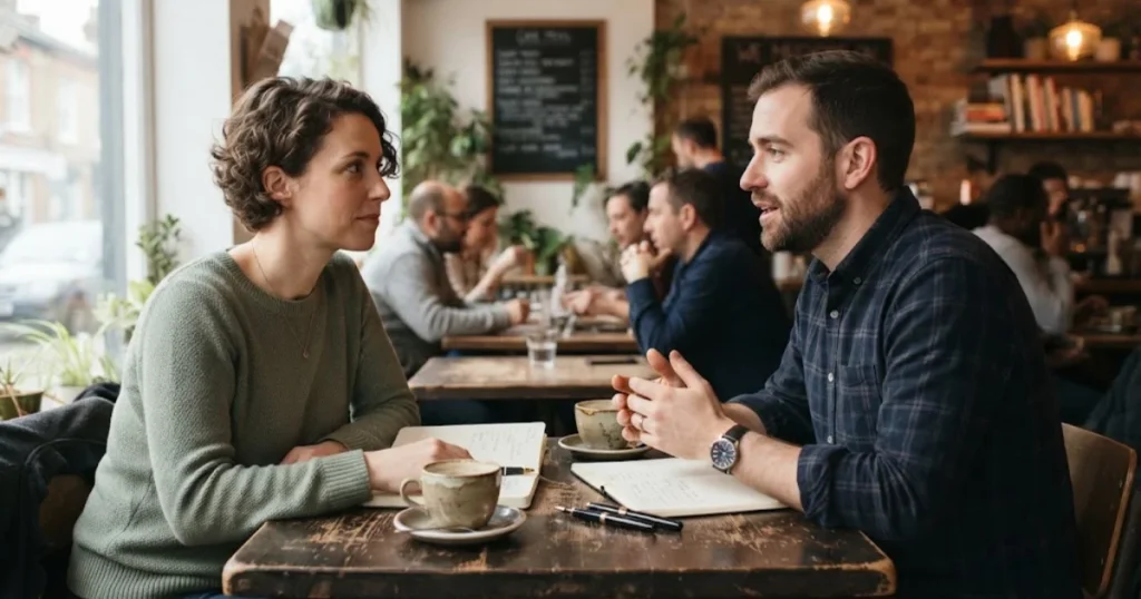 Two people having an honest conversation at a quiet café