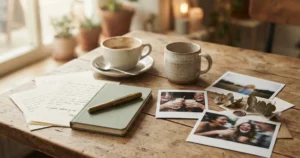 Two coffee cups and handwritten notes representing meaningful relationships