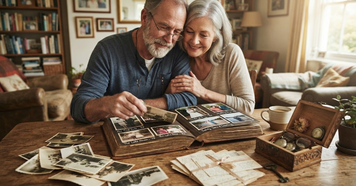  Couple looking through photographs from their relationship together
