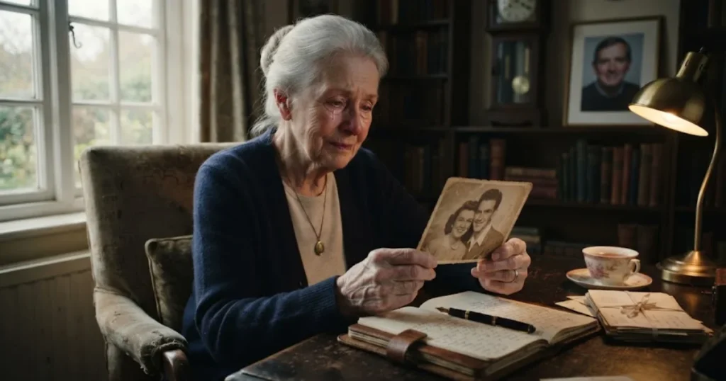 Person looking at an old photograph while remembering lost love
