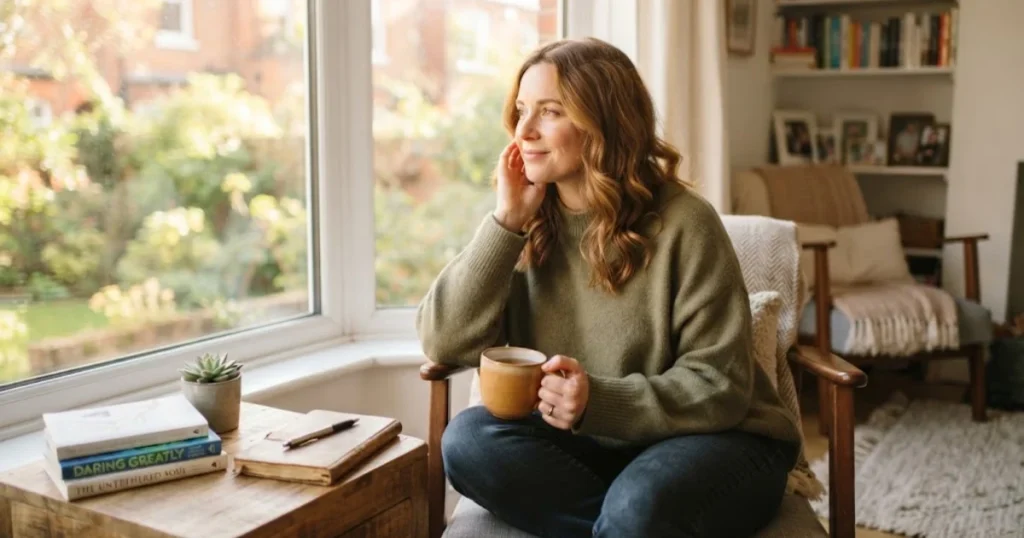 Person peacefully reflecting in a bright room after heartbreak