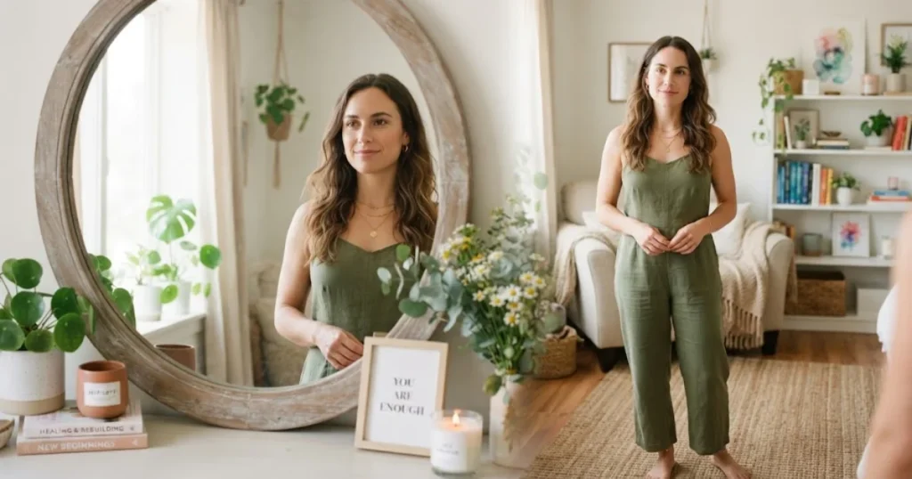 Person looking peacefully into a mirror while rebuilding self-worth