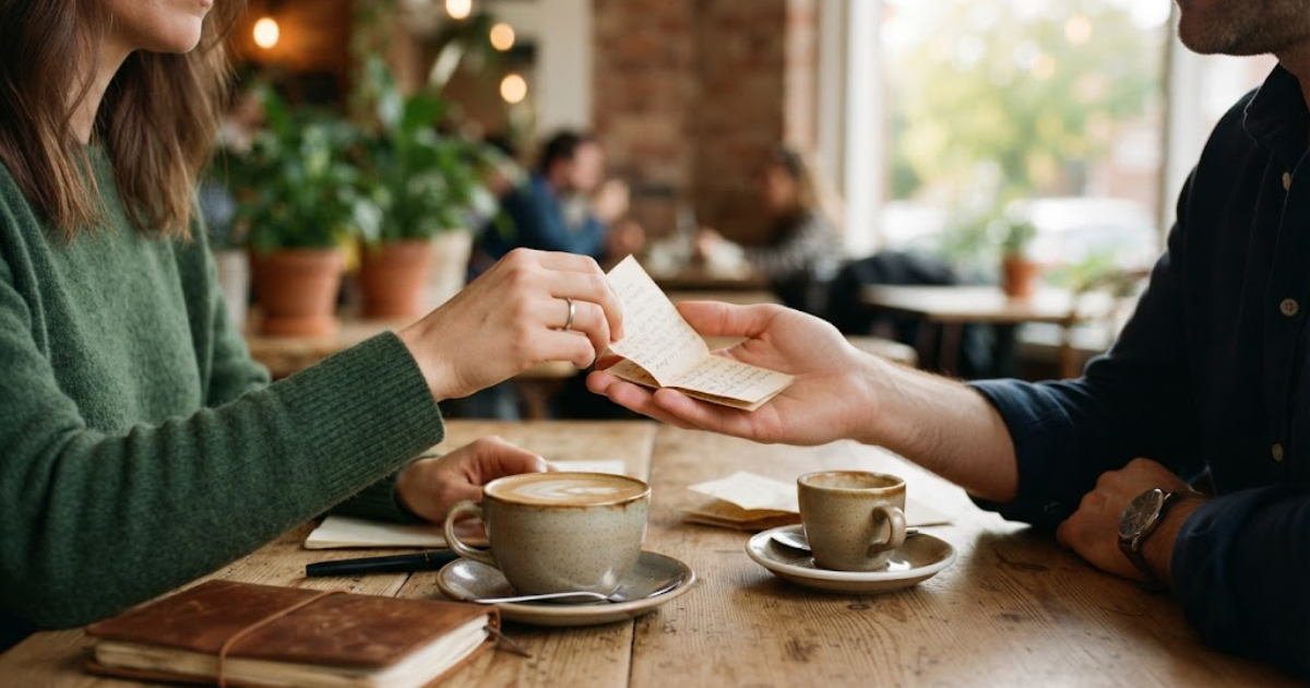 Two people exchanging handwritten notes at a café table