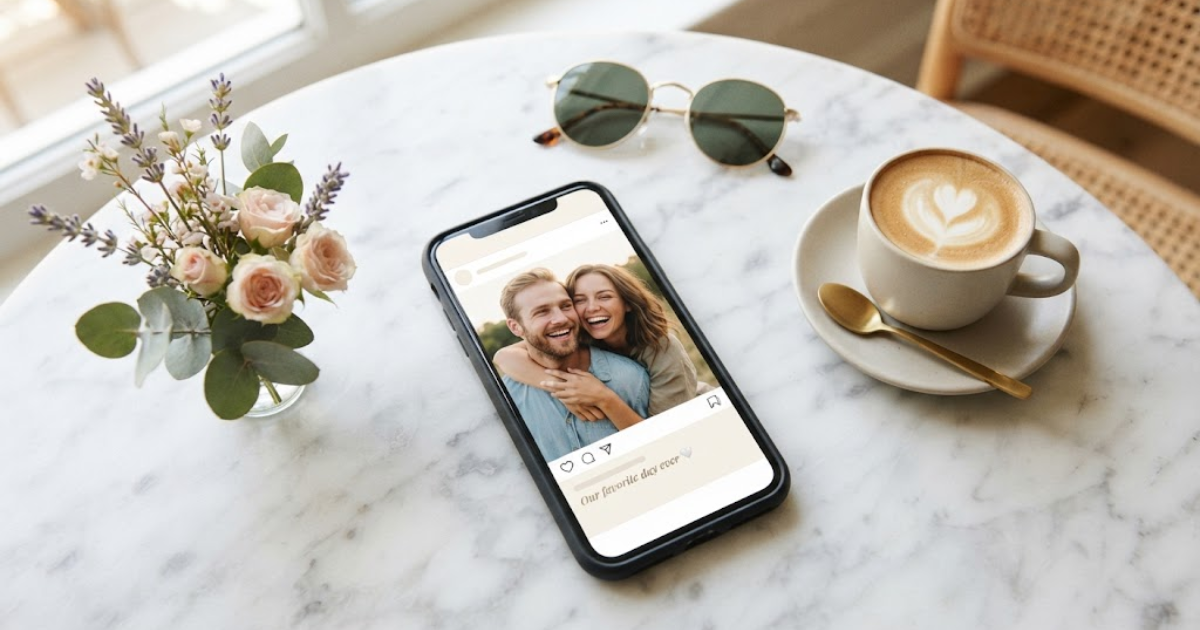 Smartphone displaying a romantic photo caption beside flowers
