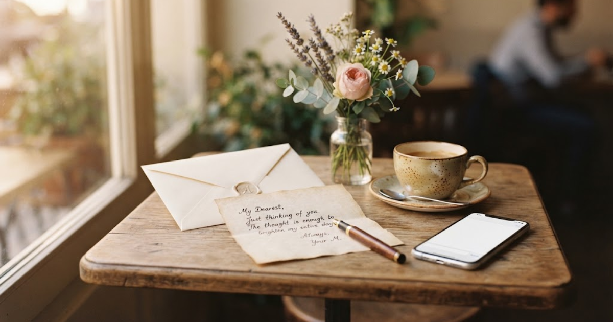 Handwritten short love note beside a coffee cup and flowers