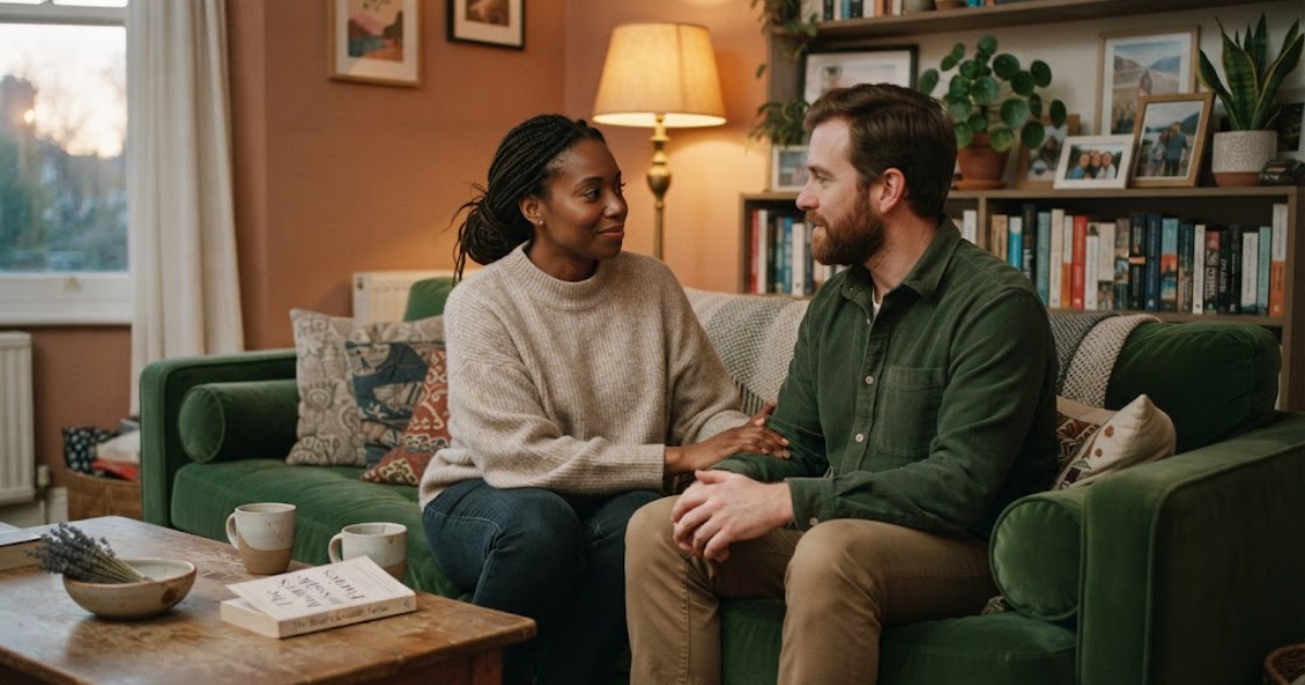 Couple laughing together while sharing coffee in a cozy cafe
