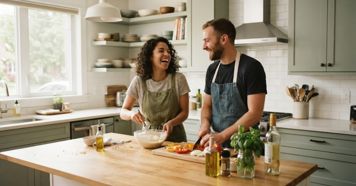 Couple laughing together during an everyday moment in true love quotes